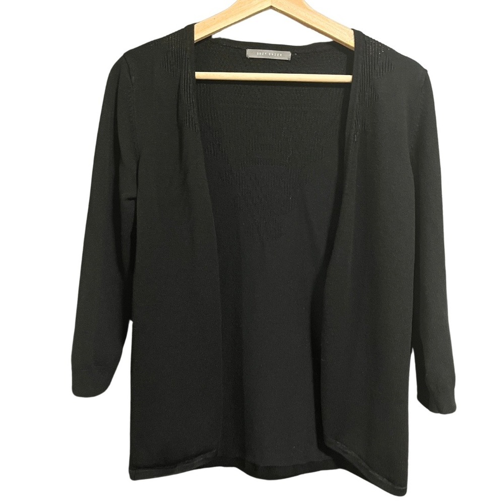 Black Open Front ¾ Sleeve Cardigan w Geometric Knit Back Detail – Suzy Shier, XS